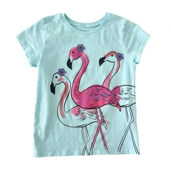 The Children's Place Flamingo Graphic Tee - Light Blue & Pink | Girls S/P (5/6) - Picture 1 of 3